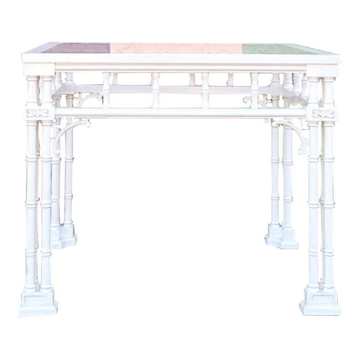 1970s palm beach regency tri leg fretwork and faux bamboo side table 8395