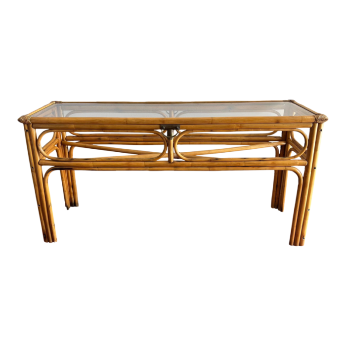 1970s vintage bamboo console table brass detail 0250