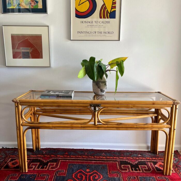 1970s vintage bamboo console table brass detail 0631