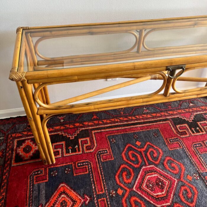 1970s vintage bamboo console table brass detail 3259