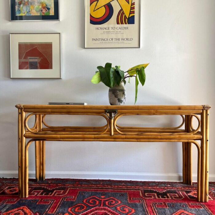 1970s vintage bamboo console table brass detail 3801