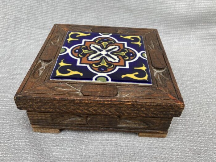 1970s vintage carved wood and tile mexican box 7430