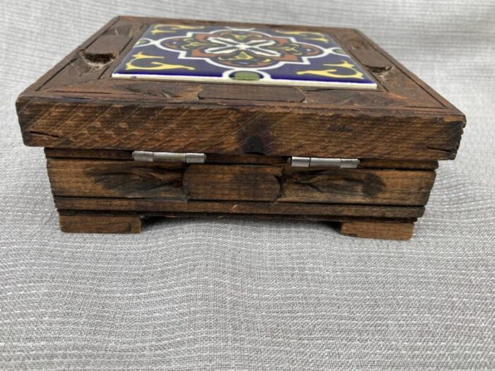 1970s vintage carved wood and tile mexican box 7473