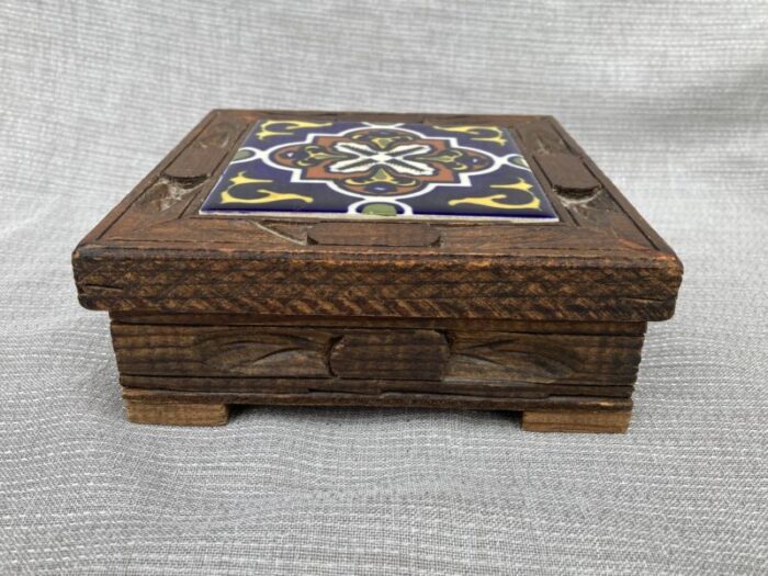 1970s vintage carved wood and tile mexican box 8606