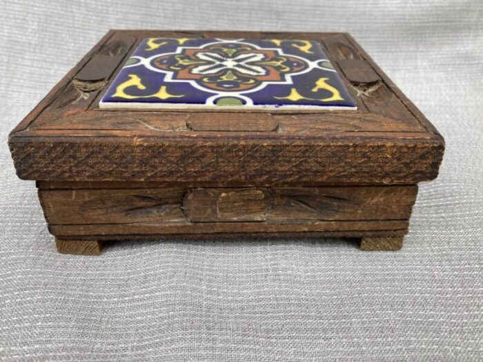 1970s vintage carved wood and tile mexican box 9495