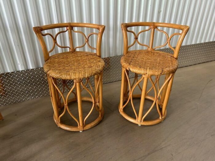 1970s vintage rattan honeymoon bistro set woven seats and glass top set of 3 1005