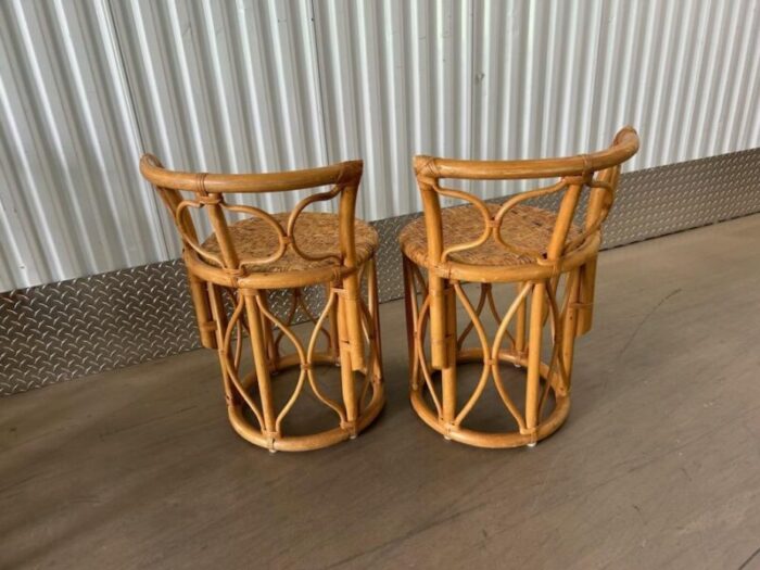 1970s vintage rattan honeymoon bistro set woven seats and glass top set of 3 1256