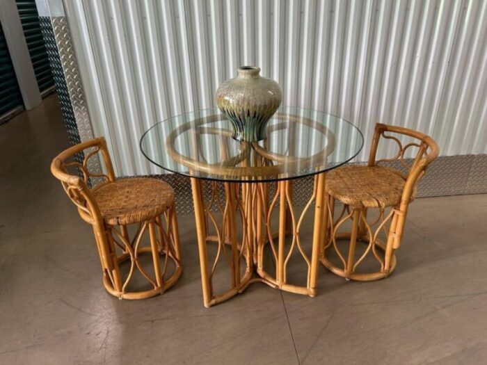 1970s vintage rattan honeymoon bistro set woven seats and glass top set of 3 3950