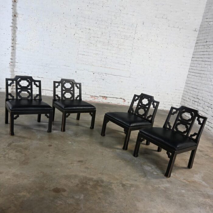 1971 hollywood regency chinoiserie chinese chippendale style occasional chairs by thomasville black low profile set of 4 1685