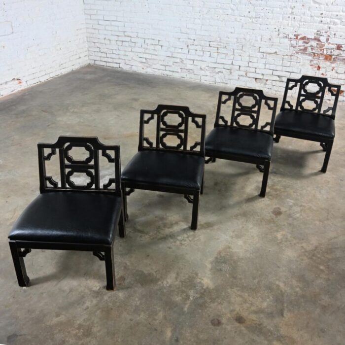 1971 hollywood regency chinoiserie chinese chippendale style occasional chairs by thomasville black low profile set of 4 2715