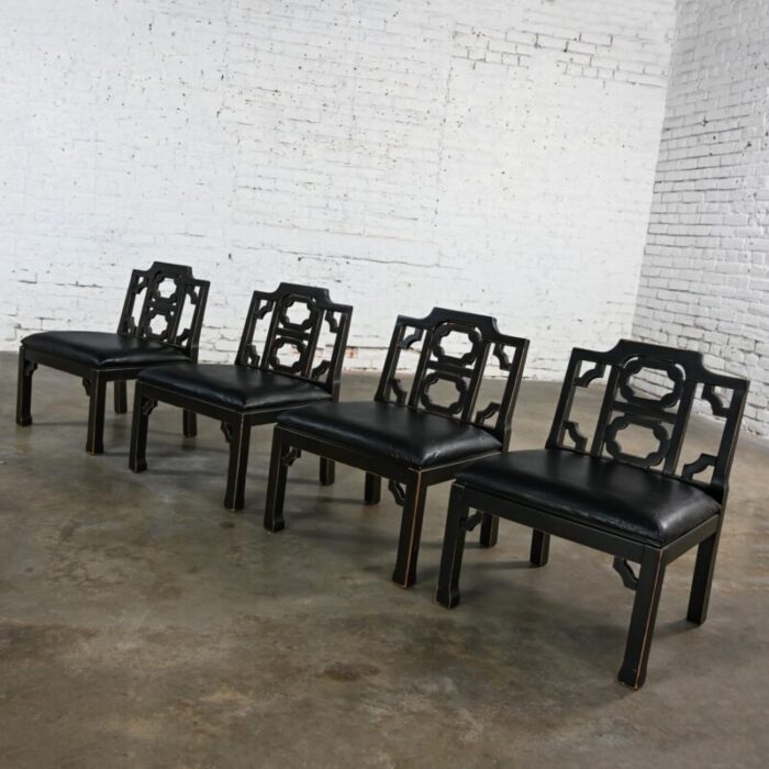 1971 hollywood regency chinoiserie chinese chippendale style occasional chairs by thomasville black low profile set of 4 3359