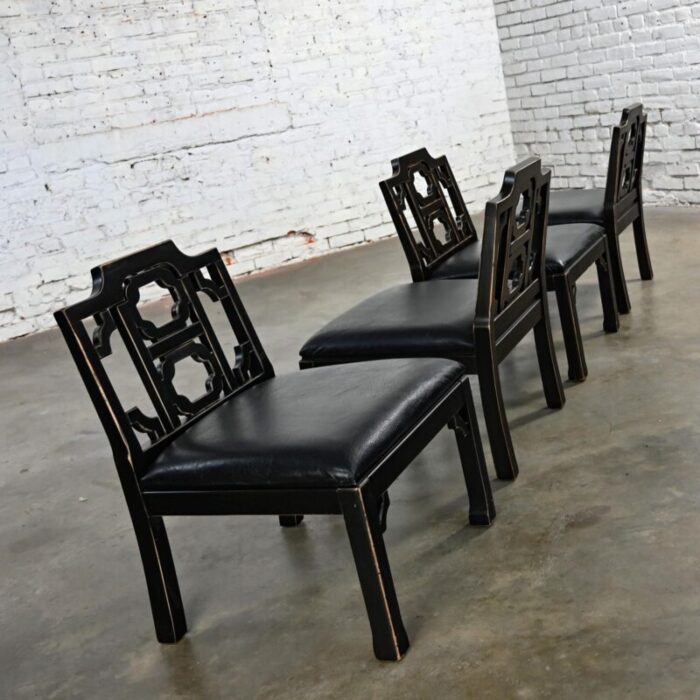 1971 hollywood regency chinoiserie chinese chippendale style occasional chairs by thomasville black low profile set of 4 3584