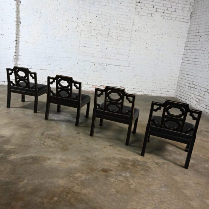 1971 hollywood regency chinoiserie chinese chippendale style occasional chairs by thomasville black low profile set of 4 7387