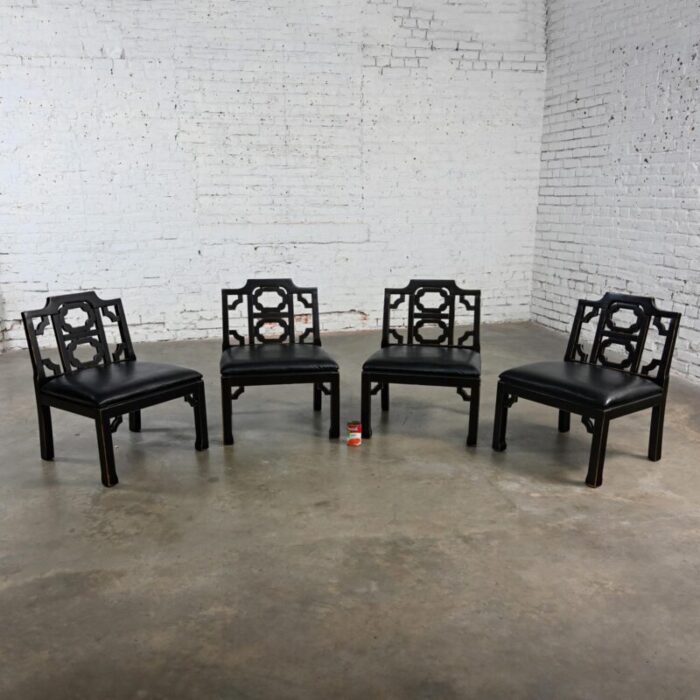 1971 hollywood regency chinoiserie chinese chippendale style occasional chairs by thomasville black low profile set of 4 8537