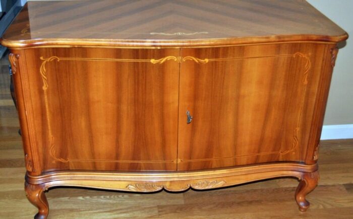 1980 mid century modern inlay all wood french style buffet credenza cabinet 0414