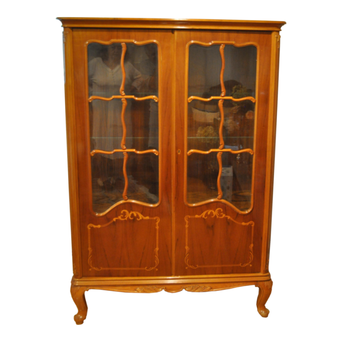 1980s mid century all wood inlay french style display china cabinet books curio 1167