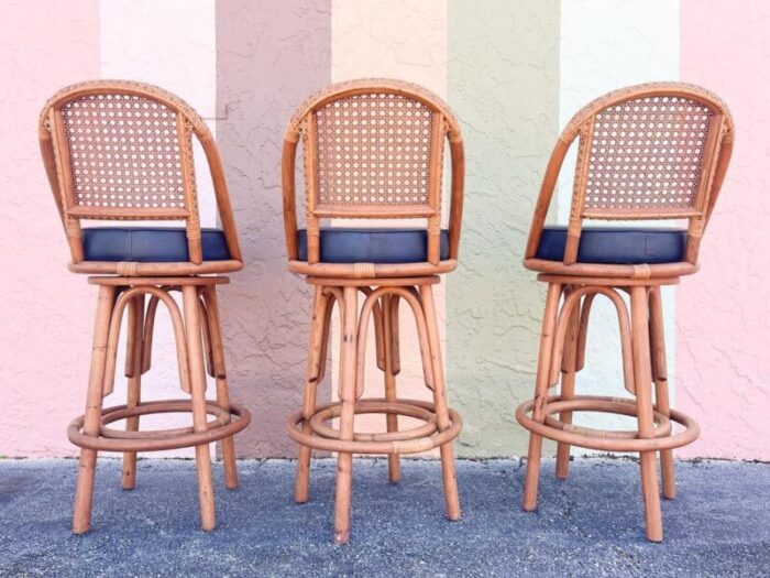 1980s palm beach regency rattan and cane bar stools set of 3 9416