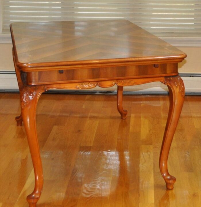 1980s vintage all wood inlay french style extension dining table 8131