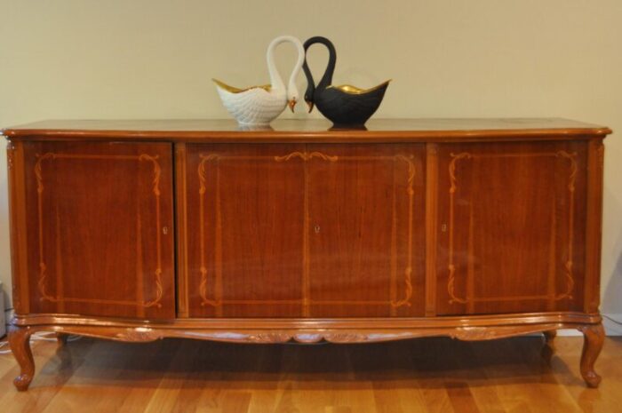 1980s vintage inlay all wood french style credenza buffett cabinet 3088