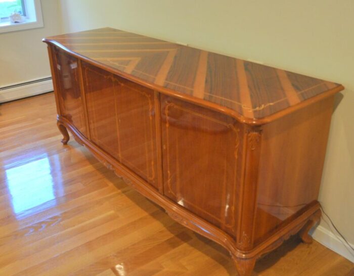 1980s vintage inlay all wood french style credenza buffett cabinet 9751