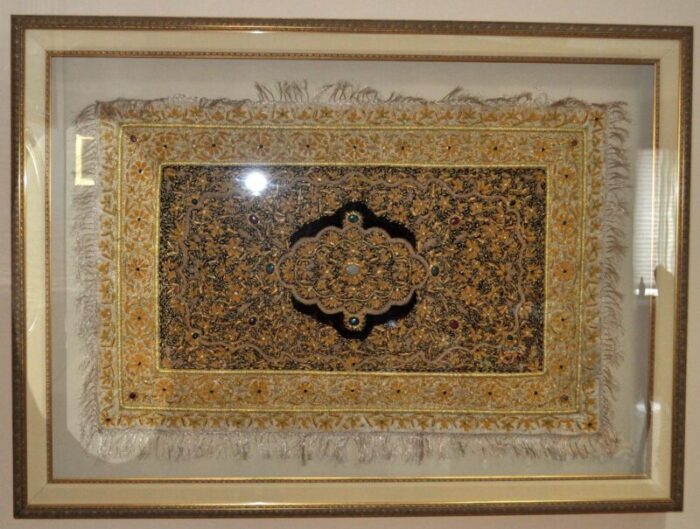 1990s wall art oversized framed silk rug decorated with natural stones 2805