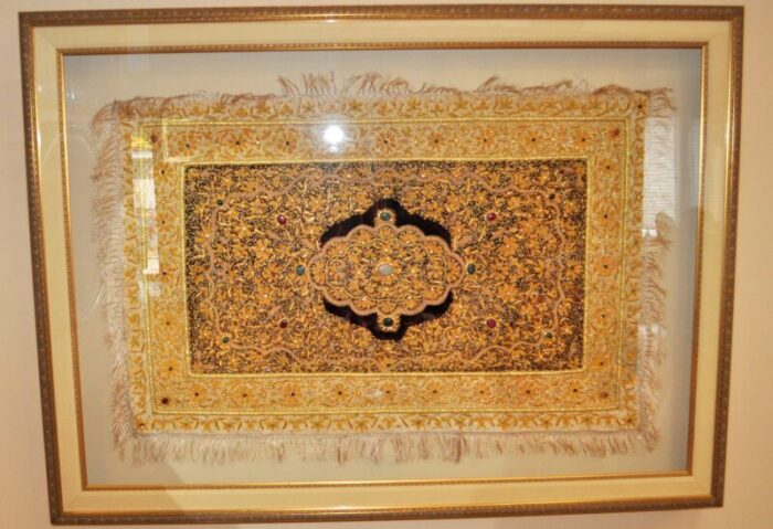 1990s wall art oversized framed silk rug decorated with natural stones 6173