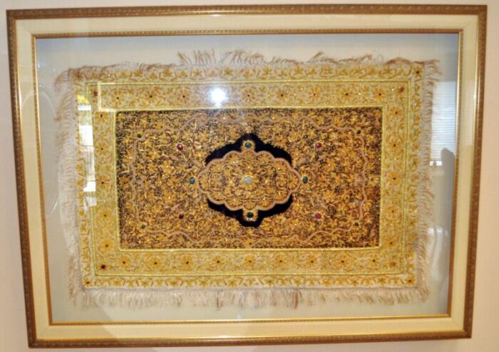 1990s wall art oversized framed silk rug decorated with natural stones 7834