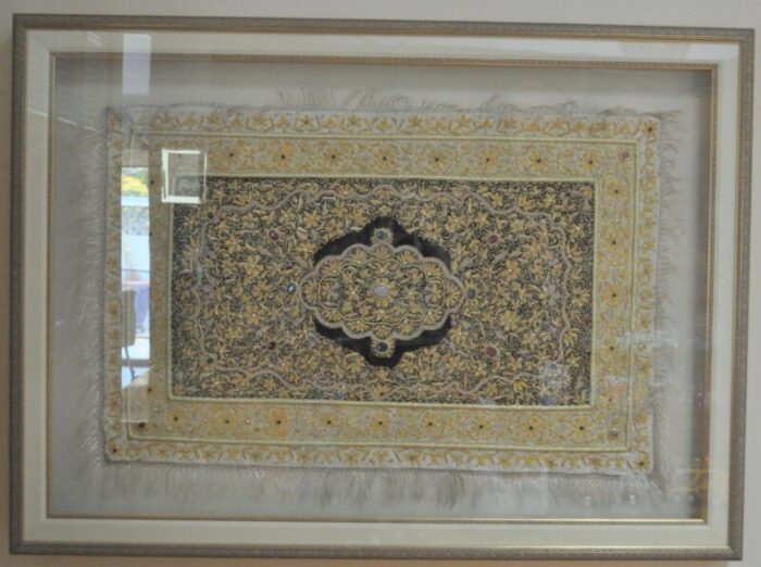 1990s wall art oversized framed silk rug decorated with natural stones 8291