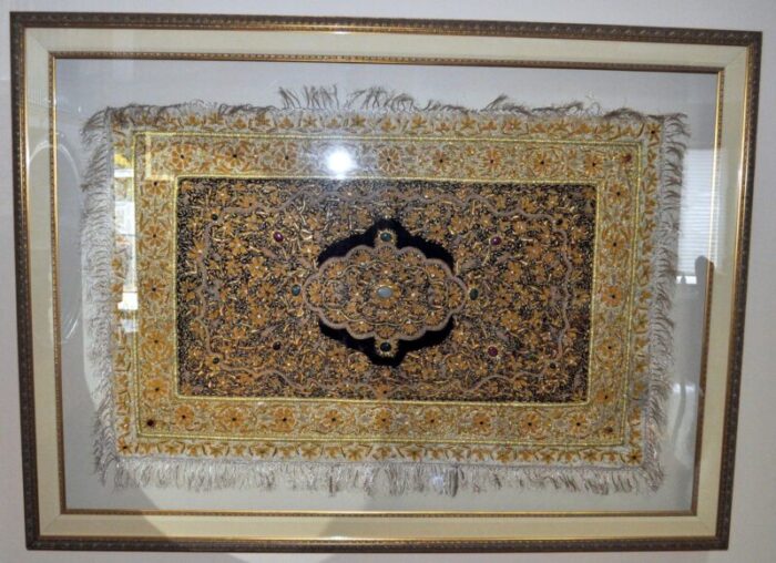 1990s wall art oversized framed silk rug decorated with natural stones 9111