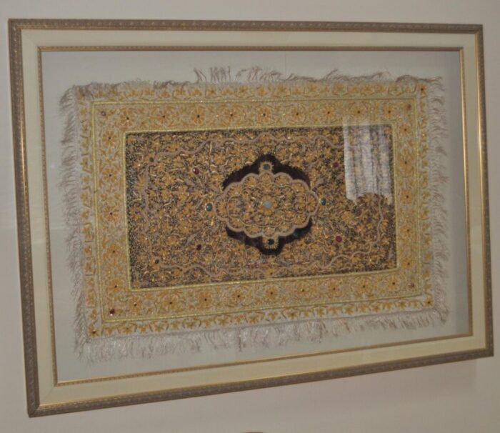 1990s wall art oversized framed silk rug decorated with natural stones 9411