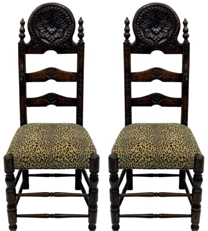 19th c french carved oak ladder back side chairs in vintage leopard pair 0634