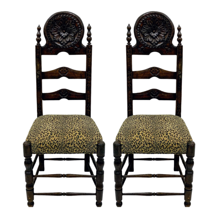 19th c french carved oak ladder back side chairs in vintage leopard pair 2824