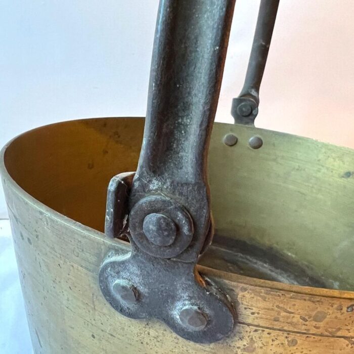 19th century english brass and iron handle kitchen preserving pan hearth kettle 0312