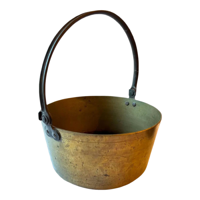 19th century english brass and iron handle kitchen preserving pan hearth kettle 4166