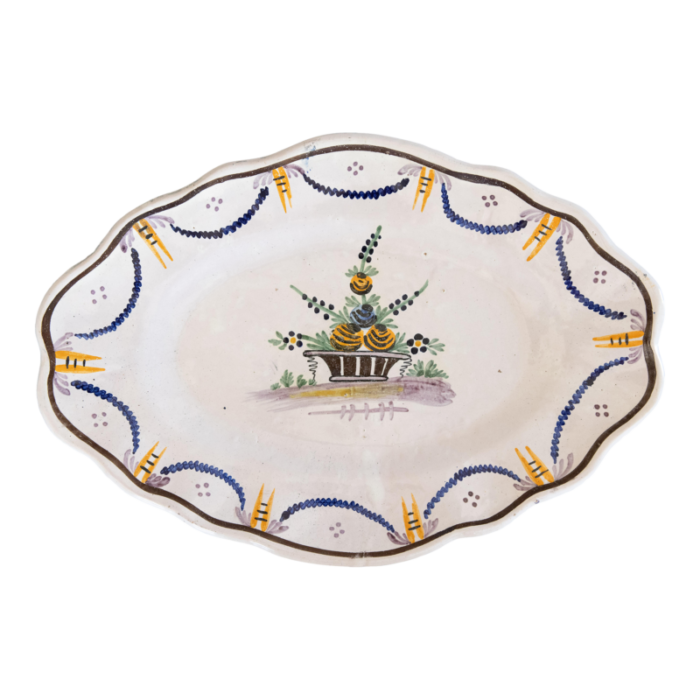 19th century french moustiers faience oval scalloped floral wall platter 1773