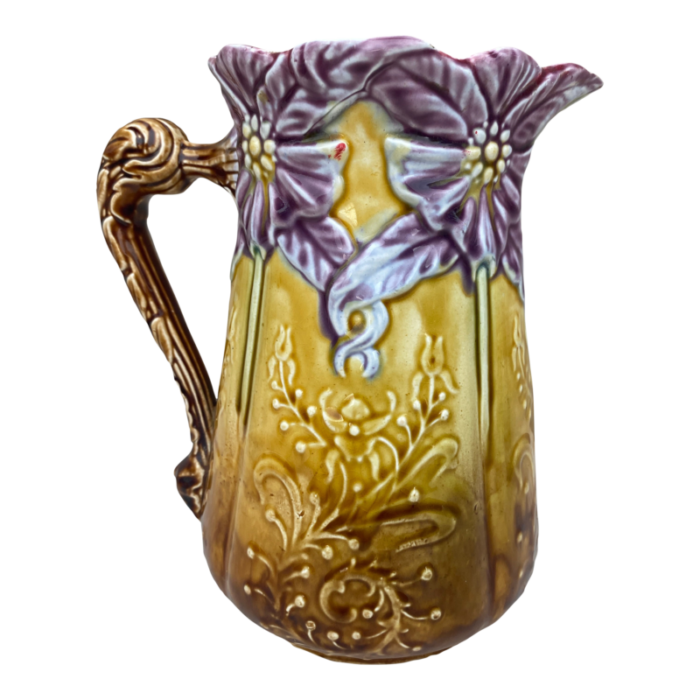 19th century majolica purple flower pitcher onnaing 8299