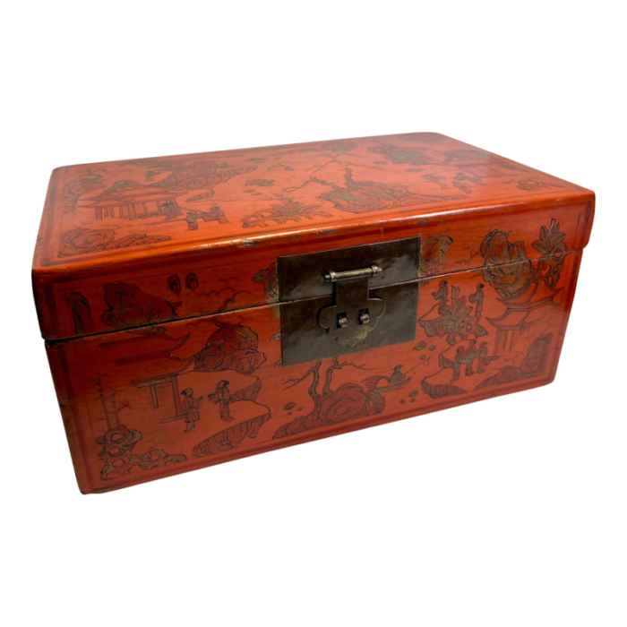 19th century qing dynasty chinese hangzhou xutang fang kaizhou gold painted red cowhide box 0811