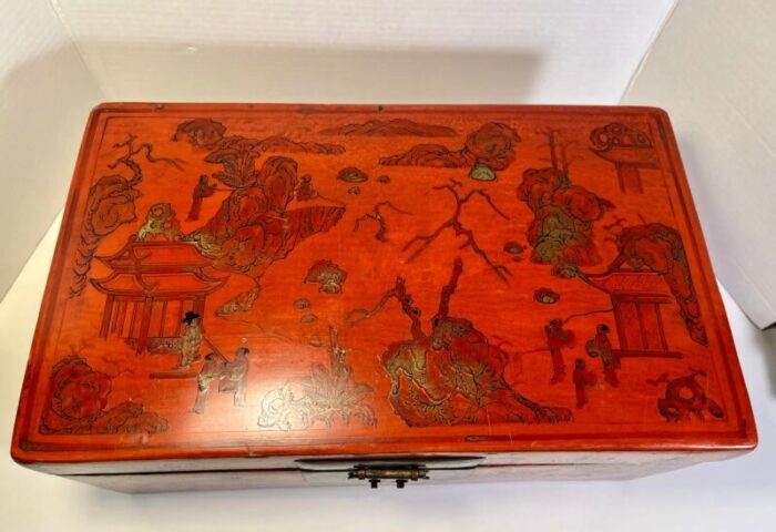 19th century qing dynasty chinese hangzhou xutang fang kaizhou gold painted red cowhide box 3847