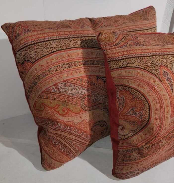 19thc paisley pillows with burnt rust velvet backings pair 9691