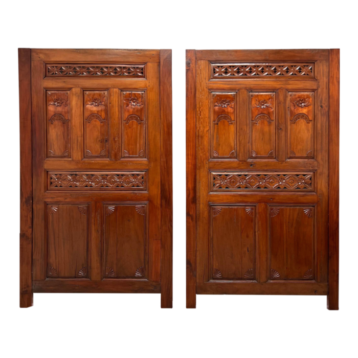 20th century carved balinese mahogany doors converted to headboards pair 3388