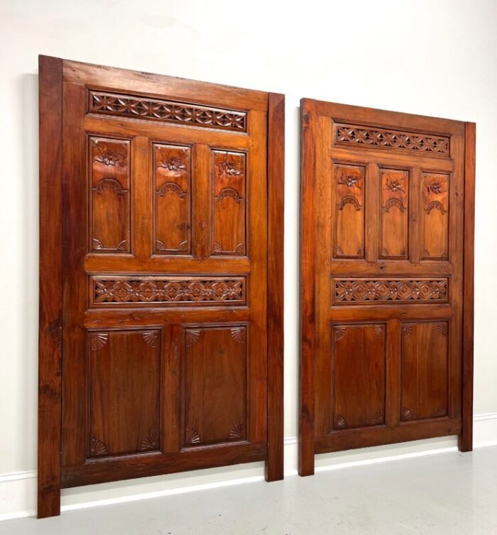 20th century carved balinese mahogany doors converted to headboards pair 7098