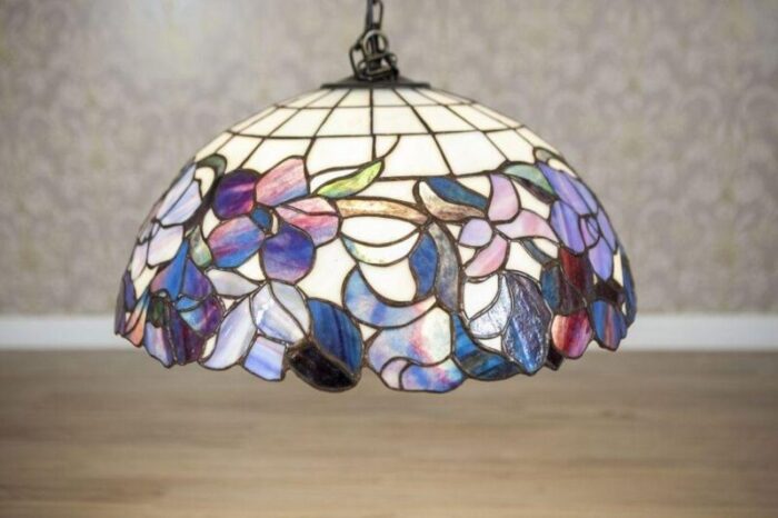 20th century hanging lamp with multicolored shade in the style of tiffany 1940s 2