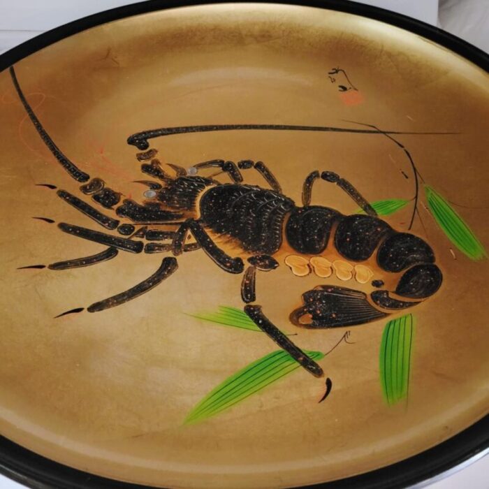 23 inch japanese gold lacquer tray or charger with shrimp 1236