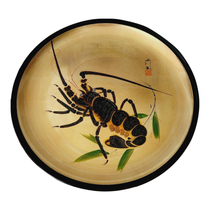 23 inch japanese gold lacquer tray or charger with shrimp 3955