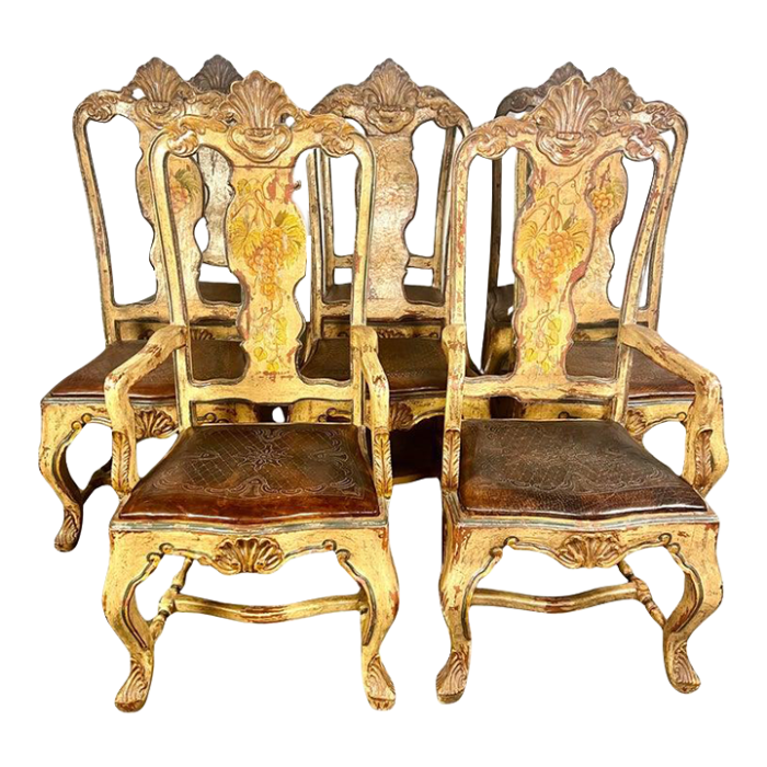 8 french provincial hand painted dining chairs w leather embossed seats 4907