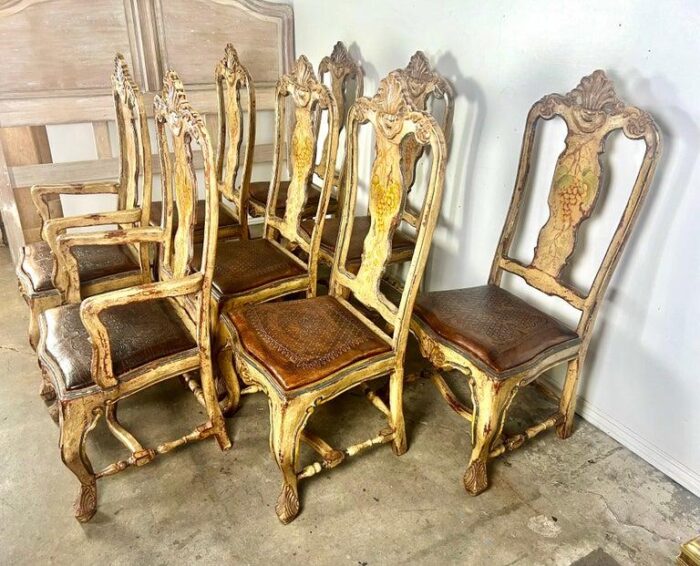 8 french provincial hand painted dining chairs w leather embossed seats 7939