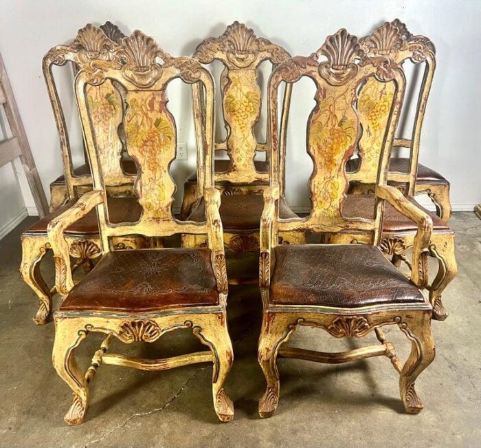 8 french provincial hand painted dining chairs w leather embossed seats 9941