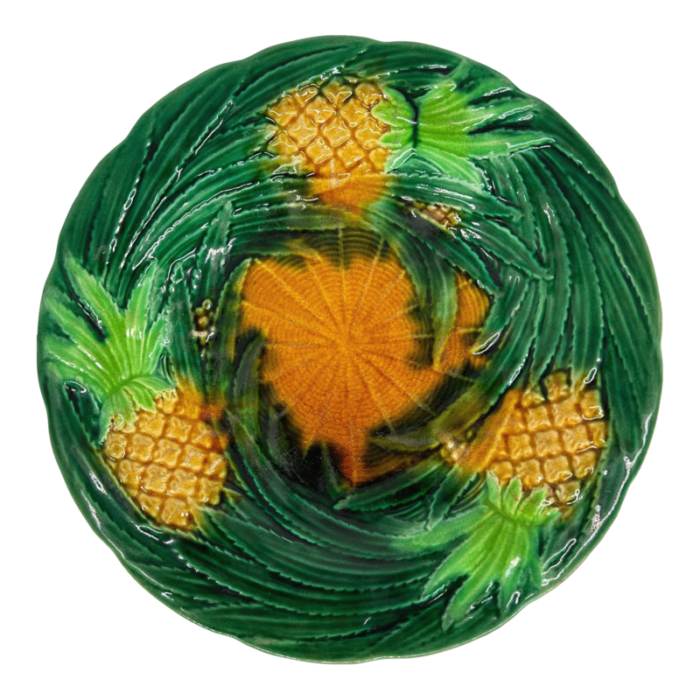 a george jones majolica pineapples on basketweave plate english ca 1863 4165