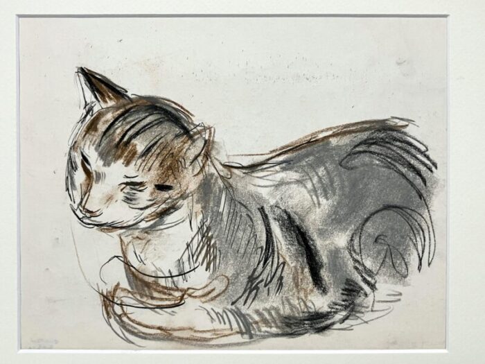 a mid century charcoal ink and pastel drawing of a cat by artist francis chapin 8673