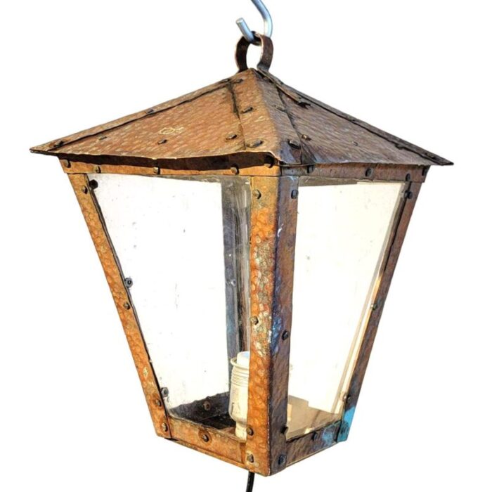 american arts and crafts hammered copper and glass one light pendant lantern 5001